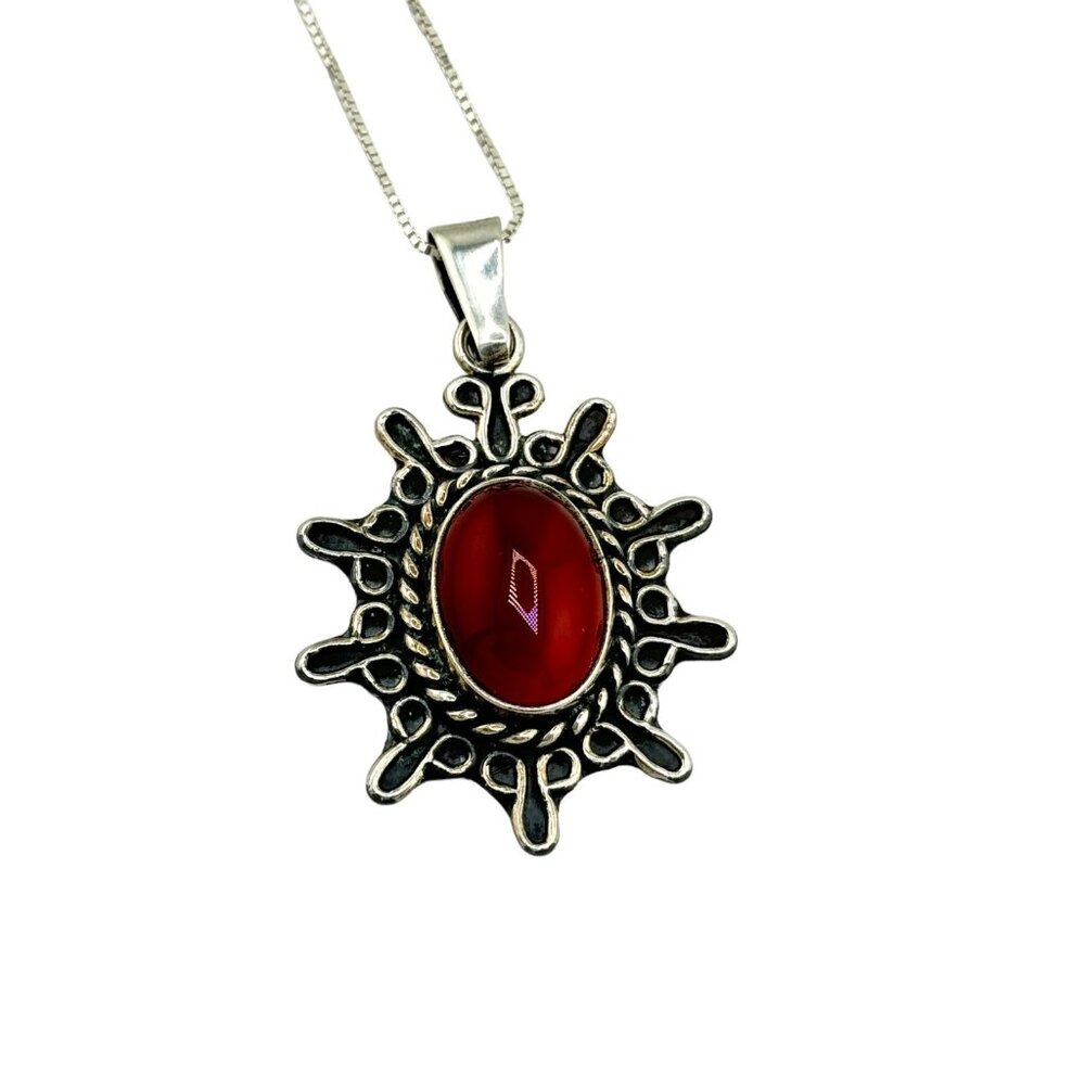 Sterling Silver CII Mex Carnielian Starburst Pendant Necklace Southwestern Ethni